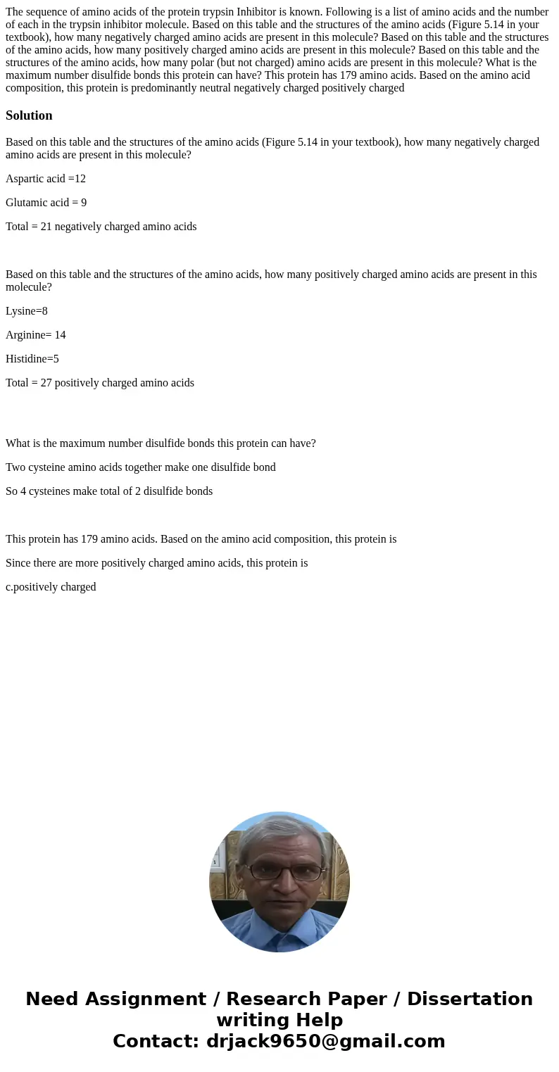  The sequence of amino acids of the protein trypsin Inhibitor is known. Following is a list of amino acids and the number of each in the trypsin inhibitor molec