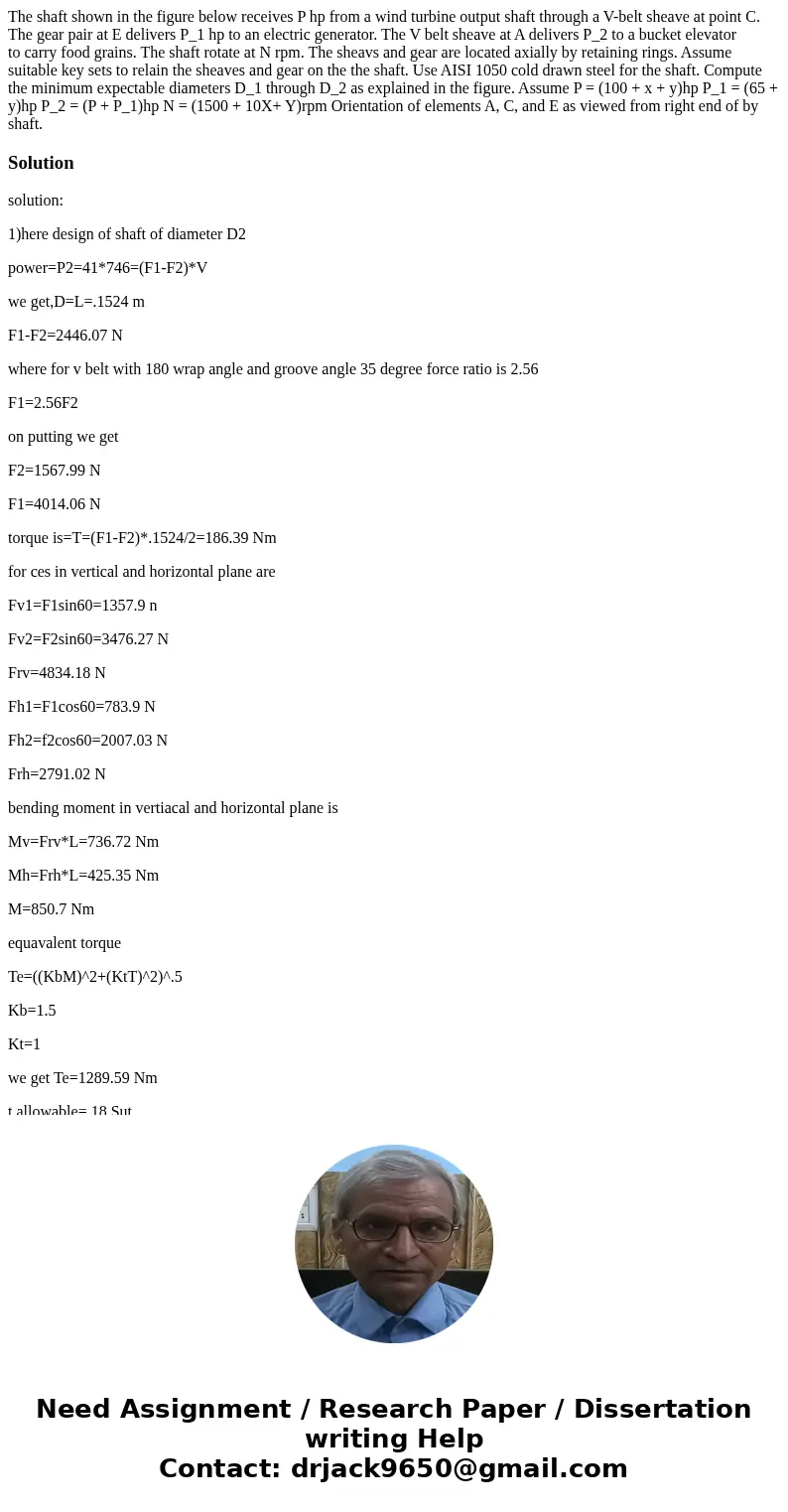  The shaft shown in the figure below receives P hp from a wind turbine output shaft through a V-belt sheave at point C. The gear pair at E delivers P_1 hp to an