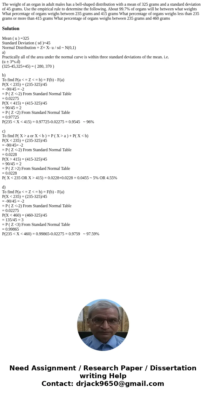  The weight of an organ in adult males has a bell-shaped distribution with a mean of 325 grams and a standard deviation of 45 grams. Use the empirical rule to d