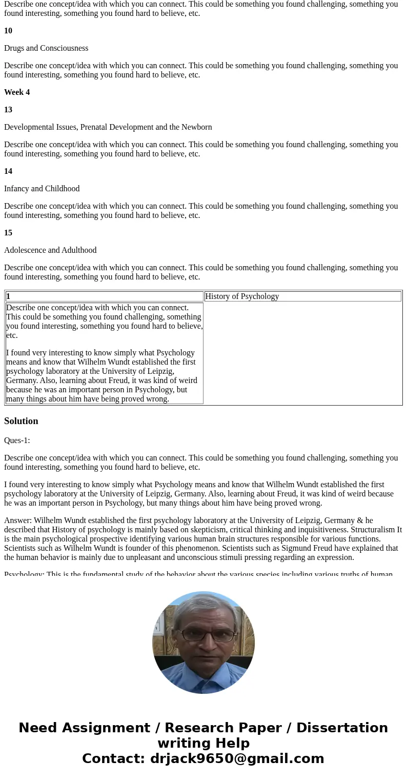 This assignment is intended to help you reflect on each of the concepts that were reviewed leading up to this exam. Week 1 1 History of Psychology Describe one 