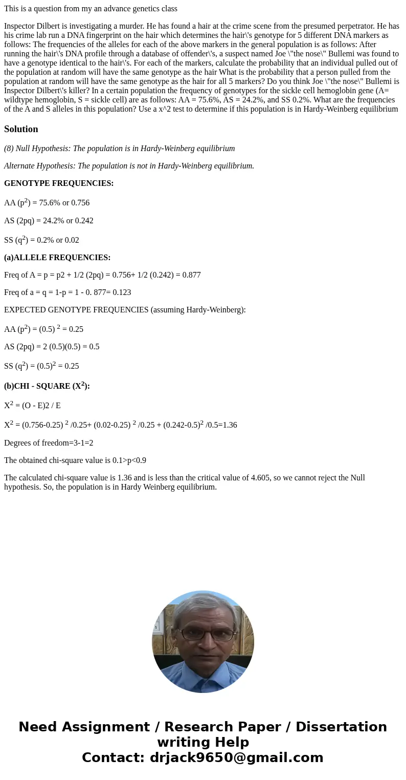 This is a question from my an advance genetics class Inspector Dilbert is investigating a murder. He has found a hair at the crime scene from the presumed perpe This is a question from my an advance genetics class Inspector Dilbert is investigating a murder. He has found a hair at the crime scene from the presumed perpe