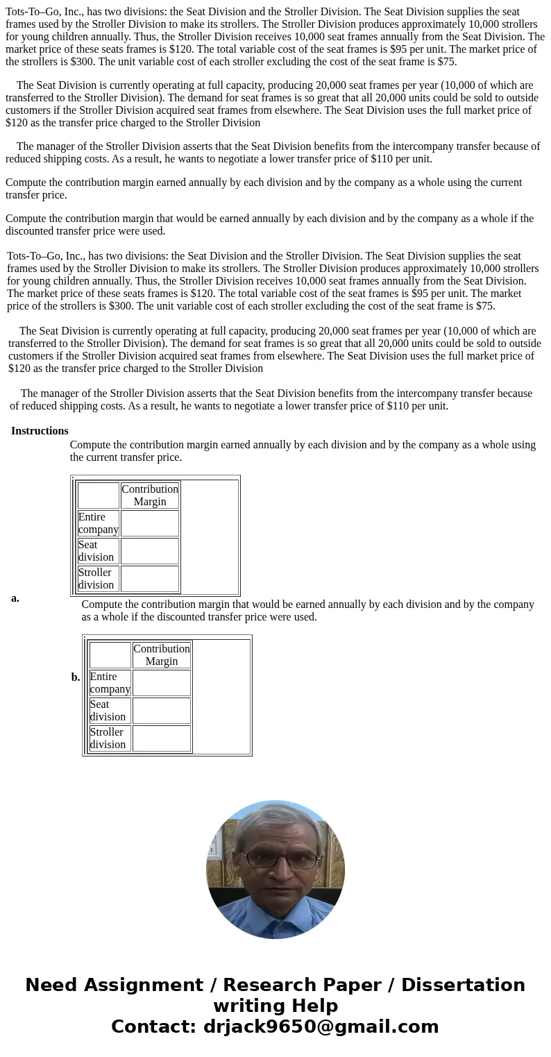 Tots-To–Go, Inc., has two divisions: the Seat Division and the Stroller Division. The Seat Division supplies the seat frames used by the Stroller Division to ma