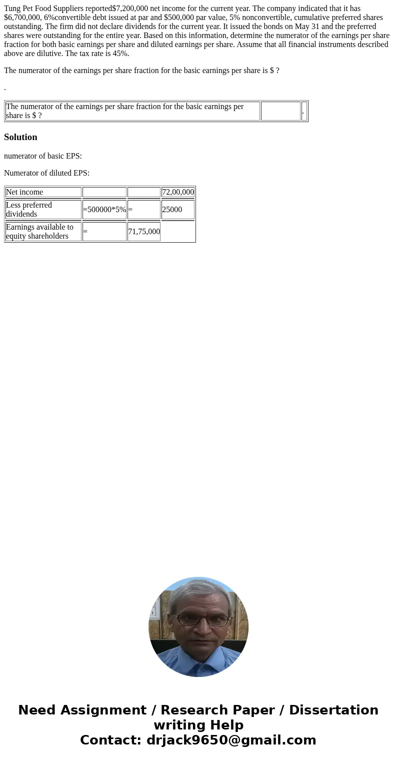 Tung Pet Food Suppliers reported$7,200,000 net income for the current year. The company indicated that it has $6,700,000, 6%convertible debt issued at par and $