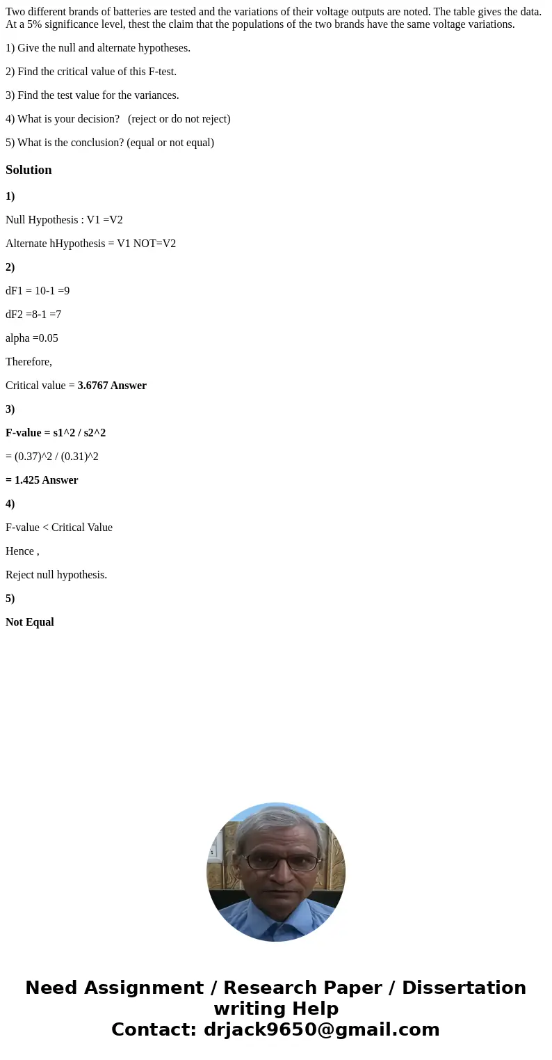 Two different brands of batteries are tested and the variations of their voltage outputs are noted. The table gives the data. At a 5% significance level, thest  Two different brands of batteries are tested and the variations of their voltage outputs are noted. The table gives the data. At a 5% significance level, thest