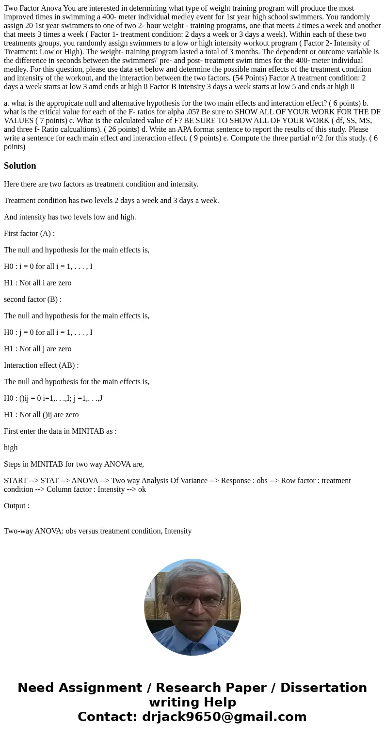 Two Factor Anova You are interested in determining what type of weight training program will produce the most improved times in swimming a 400- meter individual
