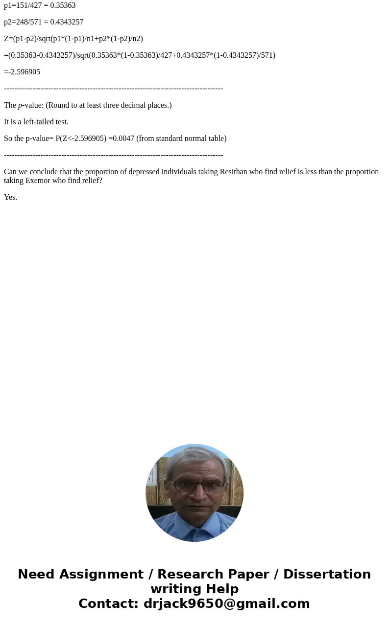 Two popular drugs used for the treatment of depression are Resithan and Exemor. A random sample of 427 depressed individuals is selected and treated with Resith