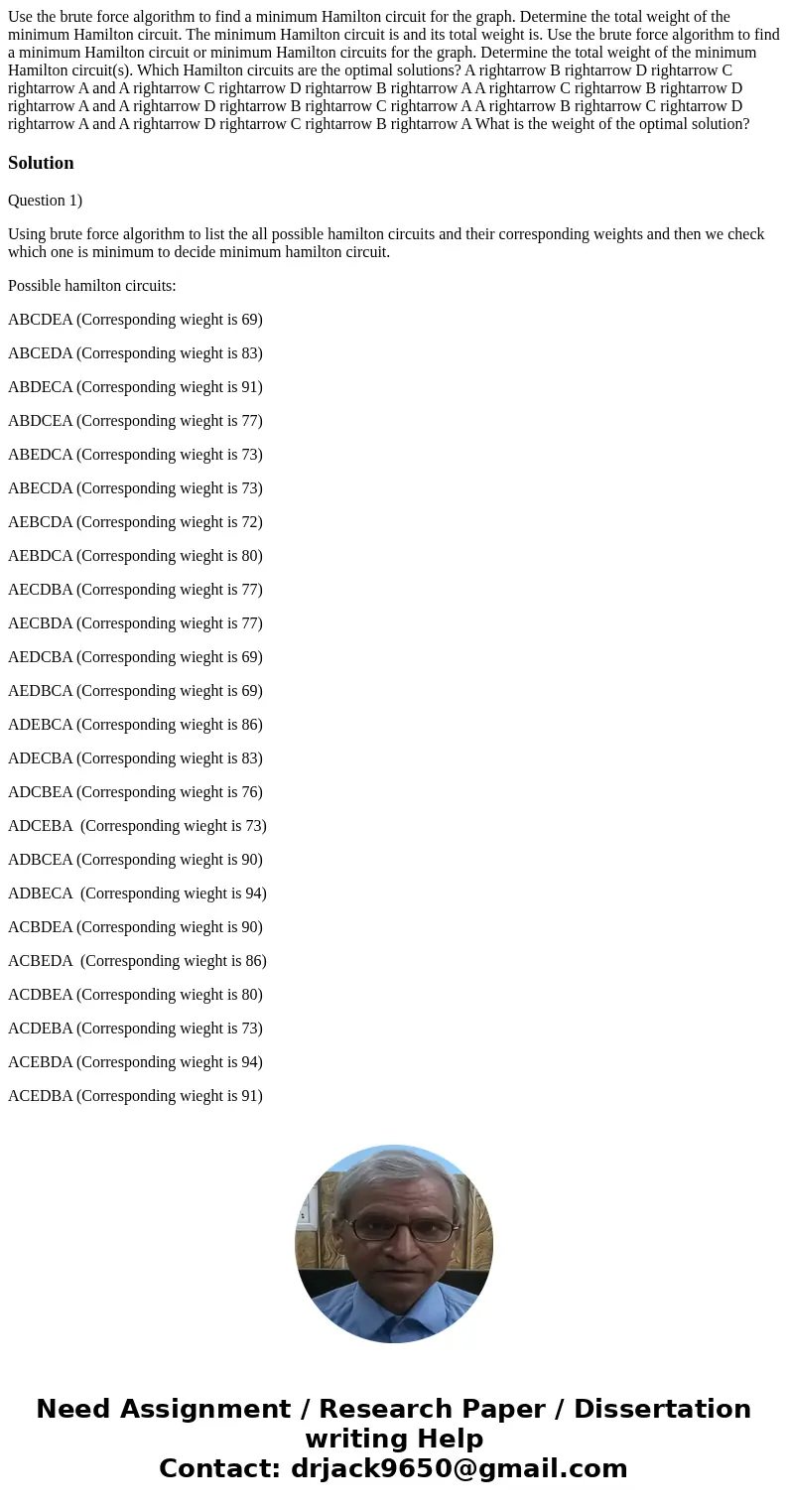 Use the brute force algorithm to find a minimum Hamilton circuit for the graph. Determine the total weight of the minimum Hamilton circuit. The minimum Hamilto  Use the brute force algorithm to find a minimum Hamilton circuit for the graph. Determine the total weight of the minimum Hamilton circuit. The minimum Hamilto