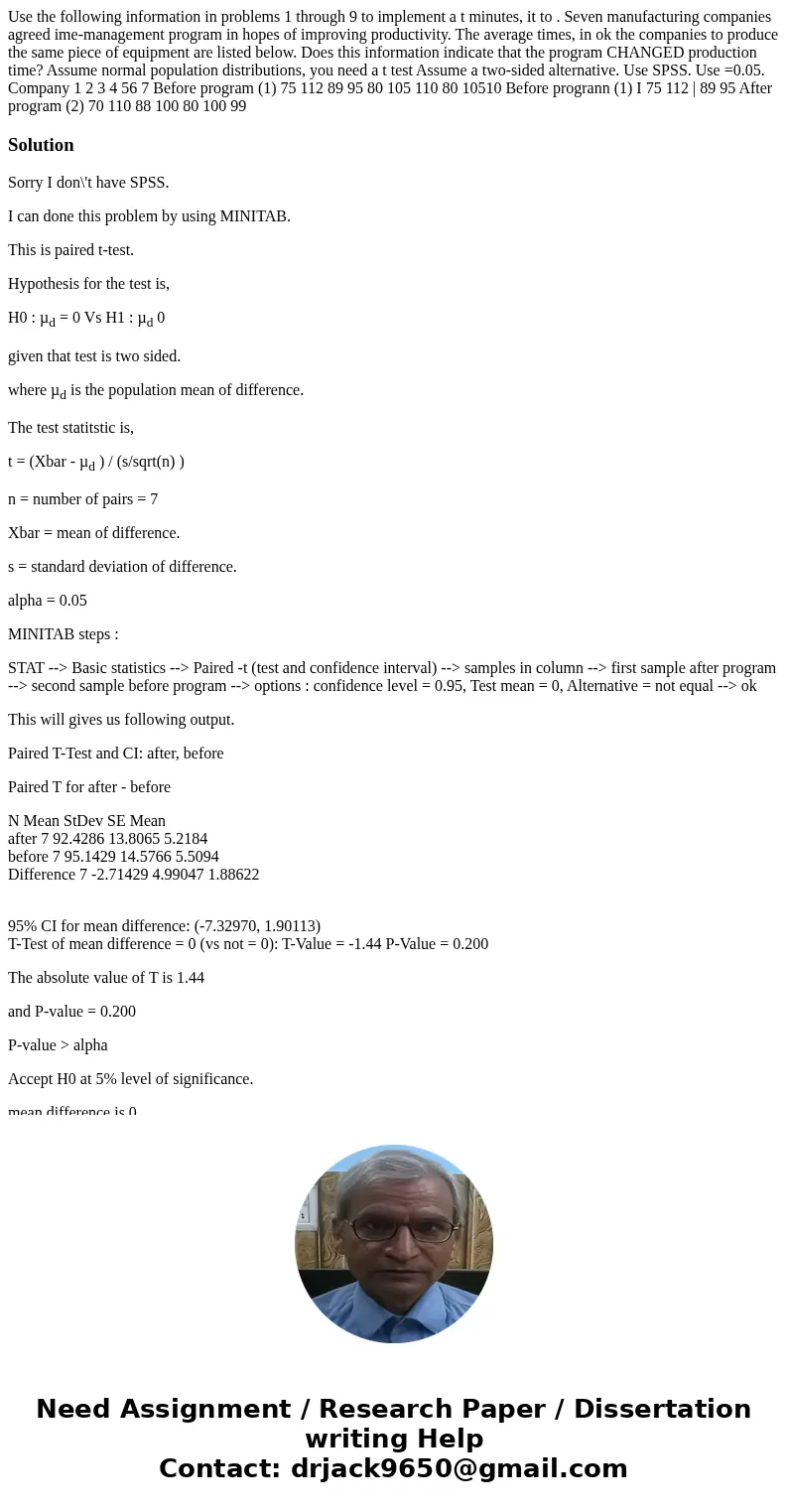 Use the following information in problems 1 through 9 to implement a t minutes, it to . Seven manufacturing companies agreed ime-management program in hopes of  Use the following information in problems 1 through 9 to implement a t minutes, it to . Seven manufacturing companies agreed ime-management program in hopes of