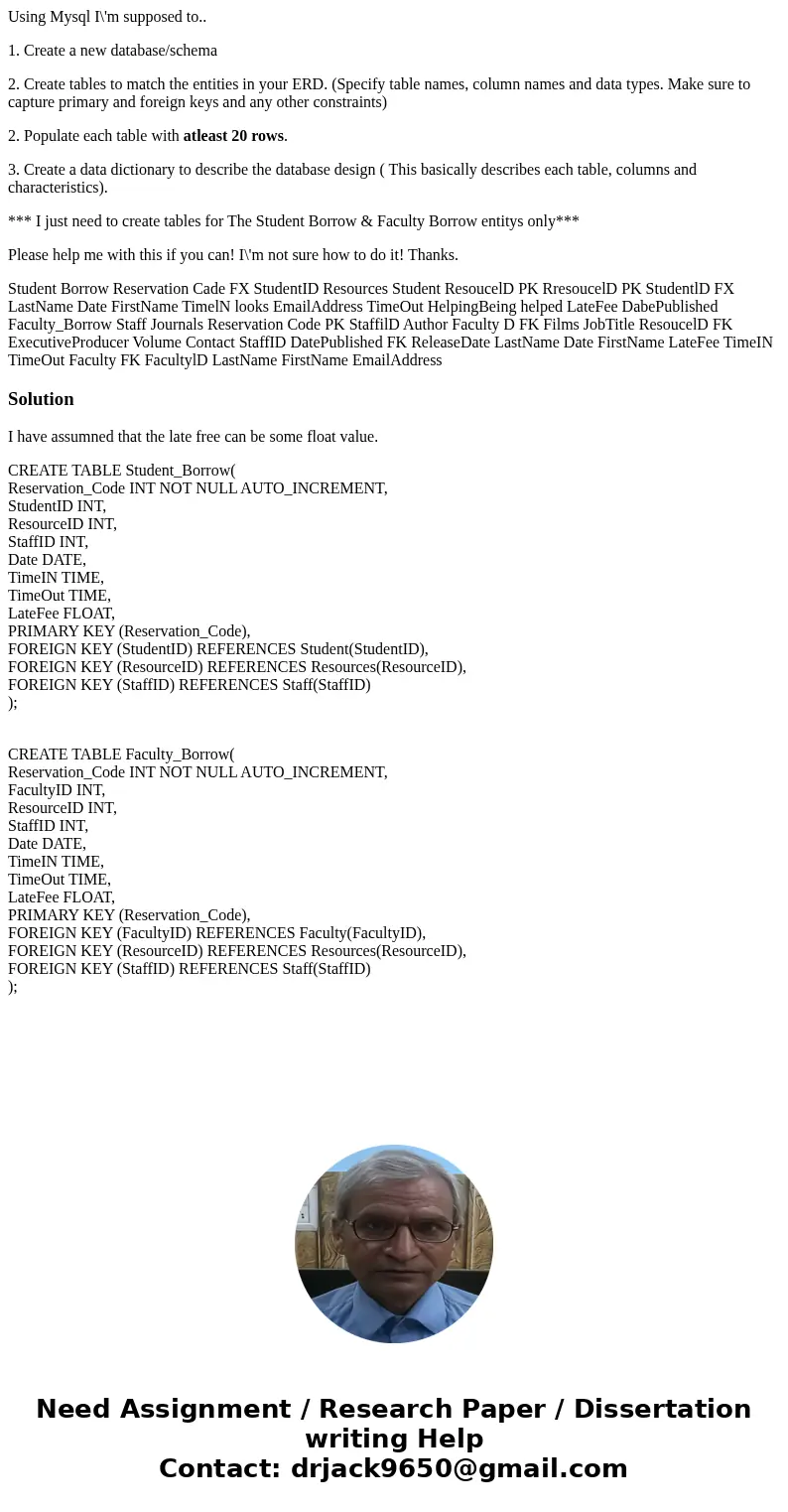 Using Mysql I\'m supposed to.. 1. Create a new database/schema 2. Create tables to match the entities in your ERD. (Specify table names, column names and data t Using Mysql I\'m supposed to.. 1. Create a new database/schema 2. Create tables to match the entities in your ERD. (Specify table names, column names and data t