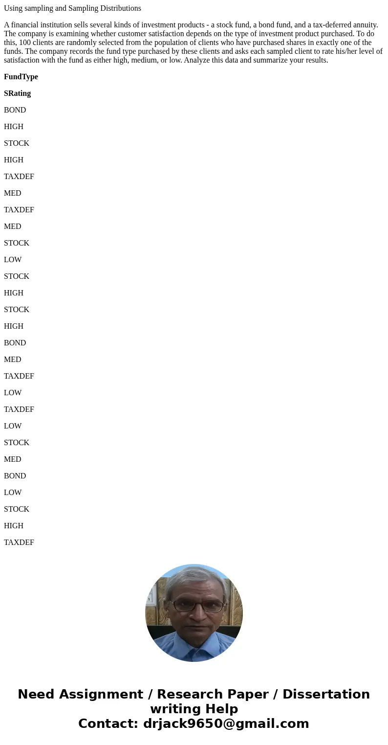 Using sampling and Sampling Distributions A financial institution sells several kinds of investment products - a stock fund, a bond fund, and a tax-deferred ann Using sampling and Sampling Distributions A financial institution sells several kinds of investment products - a stock fund, a bond fund, and a tax-deferred ann