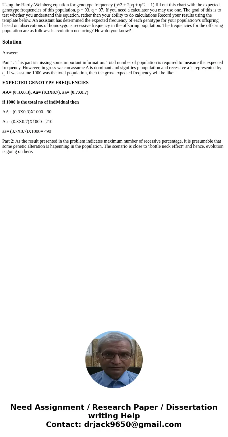  Using the Hardy-Weinberg equation for genotype frequency (p^2 + 2pq + q^2 = 1) fill out this chart with the expected genotype frequencies of this population, p