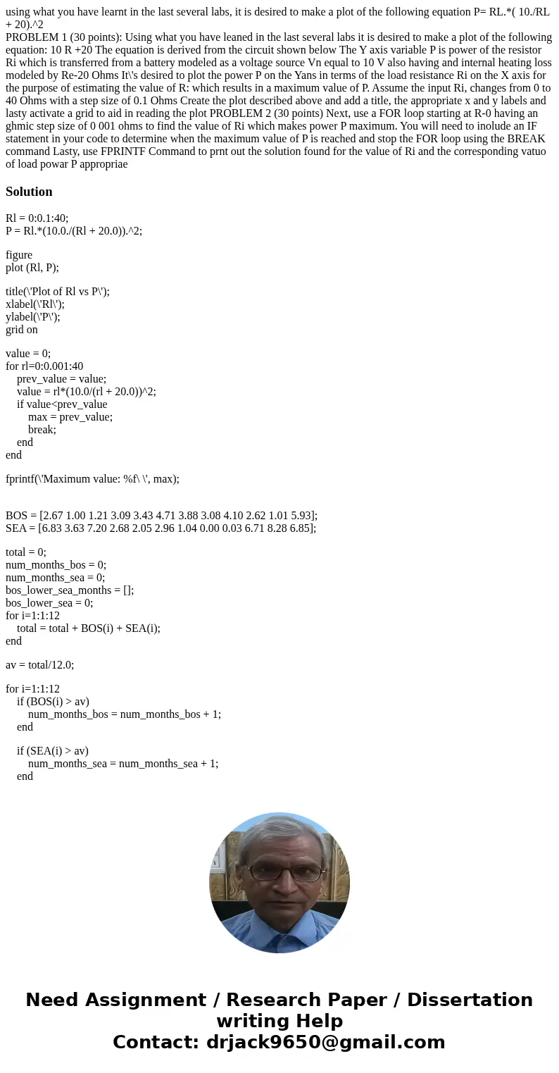 using what you have learnt in the last several labs, it is desired to make a plot of the following equation P= RL.*( 10./RL + 20).^2 PROBLEM 1 (30 points): Usin using what you have learnt in the last several labs, it is desired to make a plot of the following equation P= RL.*( 10./RL + 20).^2 PROBLEM 1 (30 points): Usin