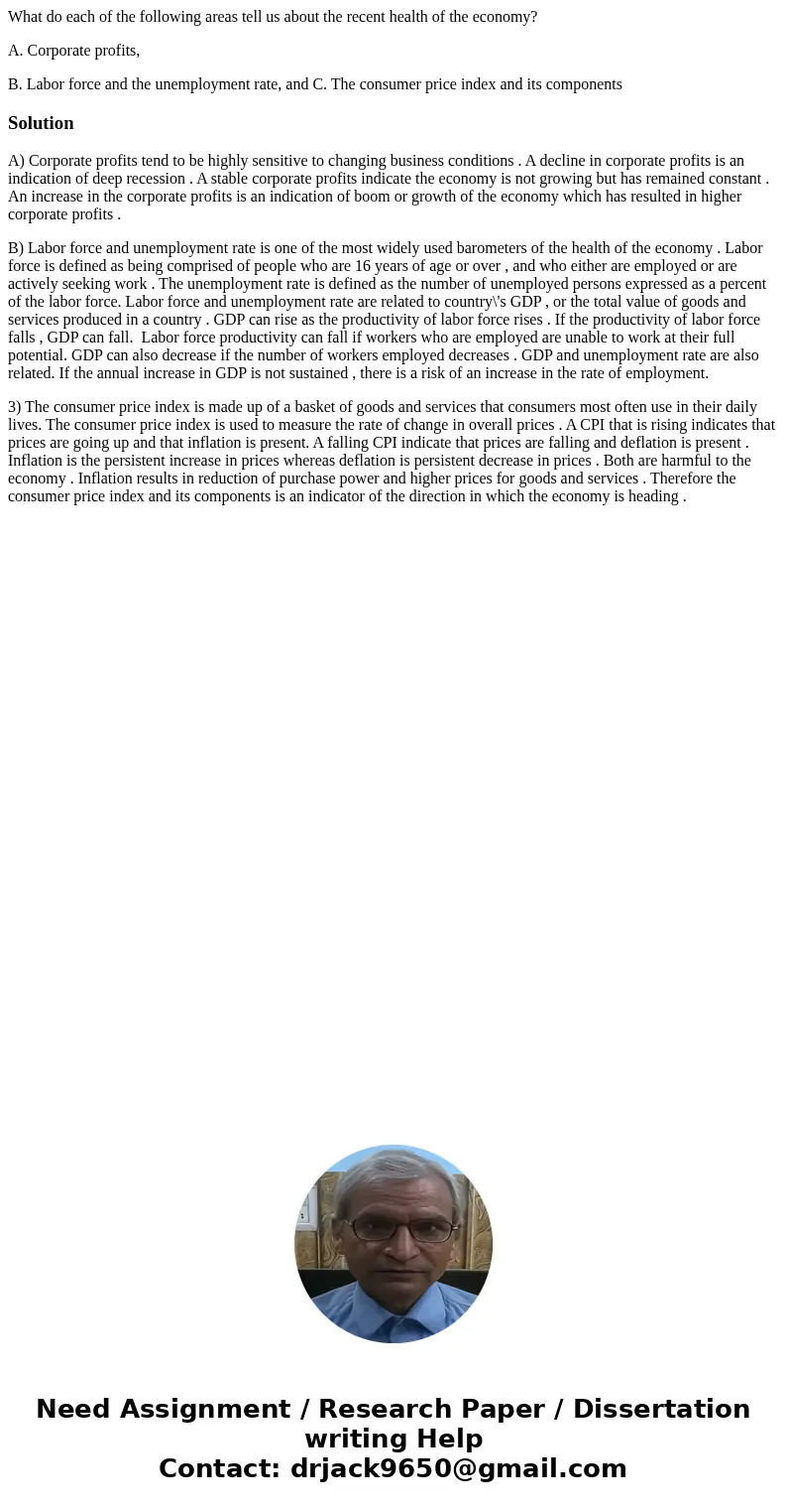 What do each of the following areas tell us about the recent health of the economy? A. Corporate profits, B. Labor force and the unemployment rate, and C. The c