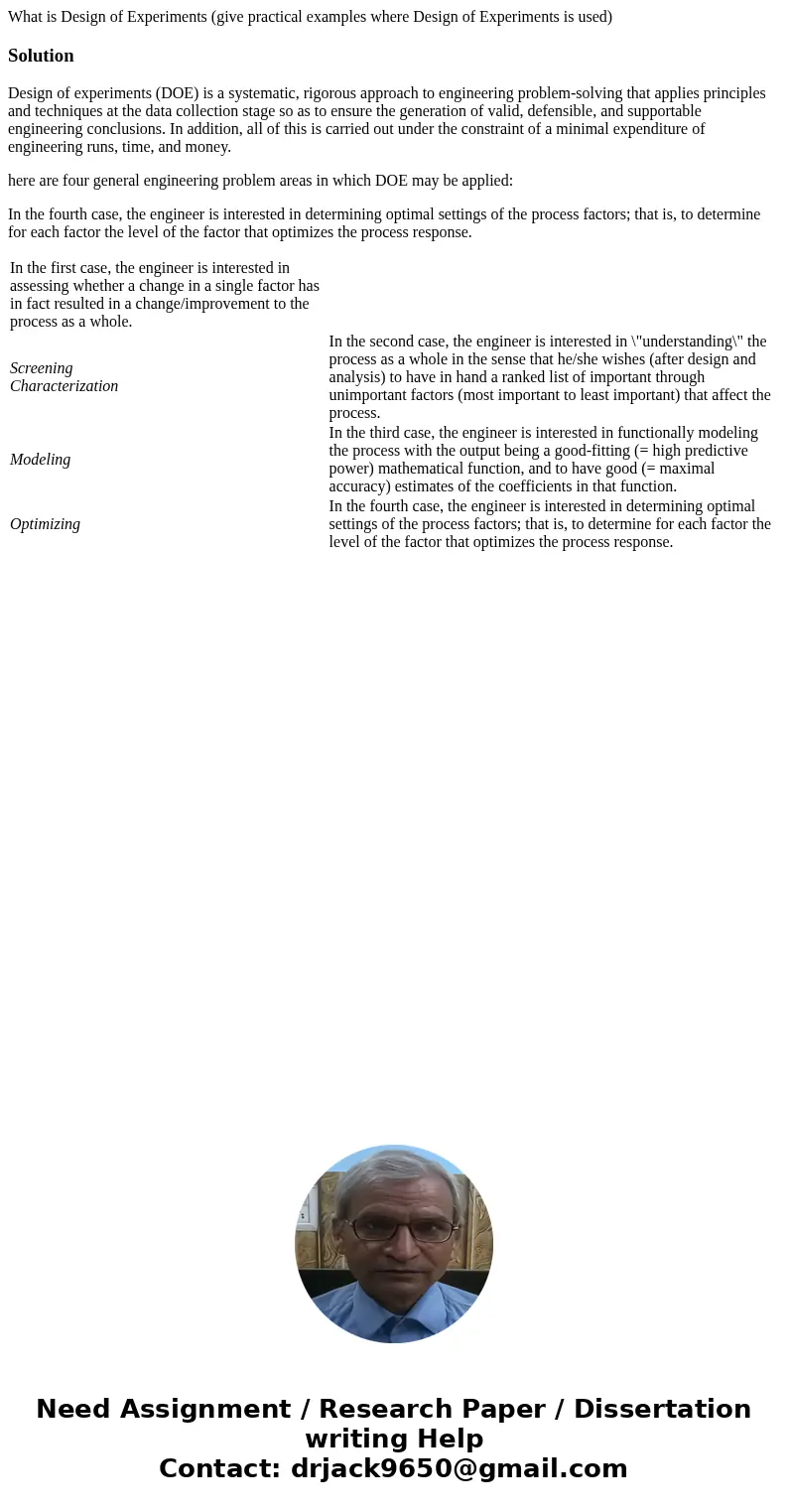 What is Design of Experiments (give practical examples where Design of Experiments is used)SolutionDesign of experiments (DOE) is a systematic, rigorous approac What is Design of Experiments (give practical examples where Design of Experiments is used)SolutionDesign of experiments (DOE) is a systematic, rigorous approac