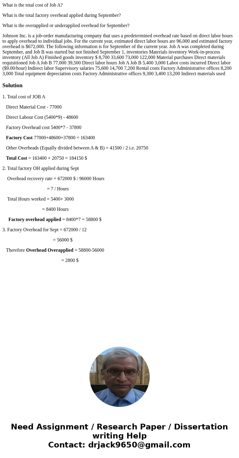 What is the total cost of Job A? What is the total factory overhead applied during September? What is the overapplied or underapplied overhead for September? Jo