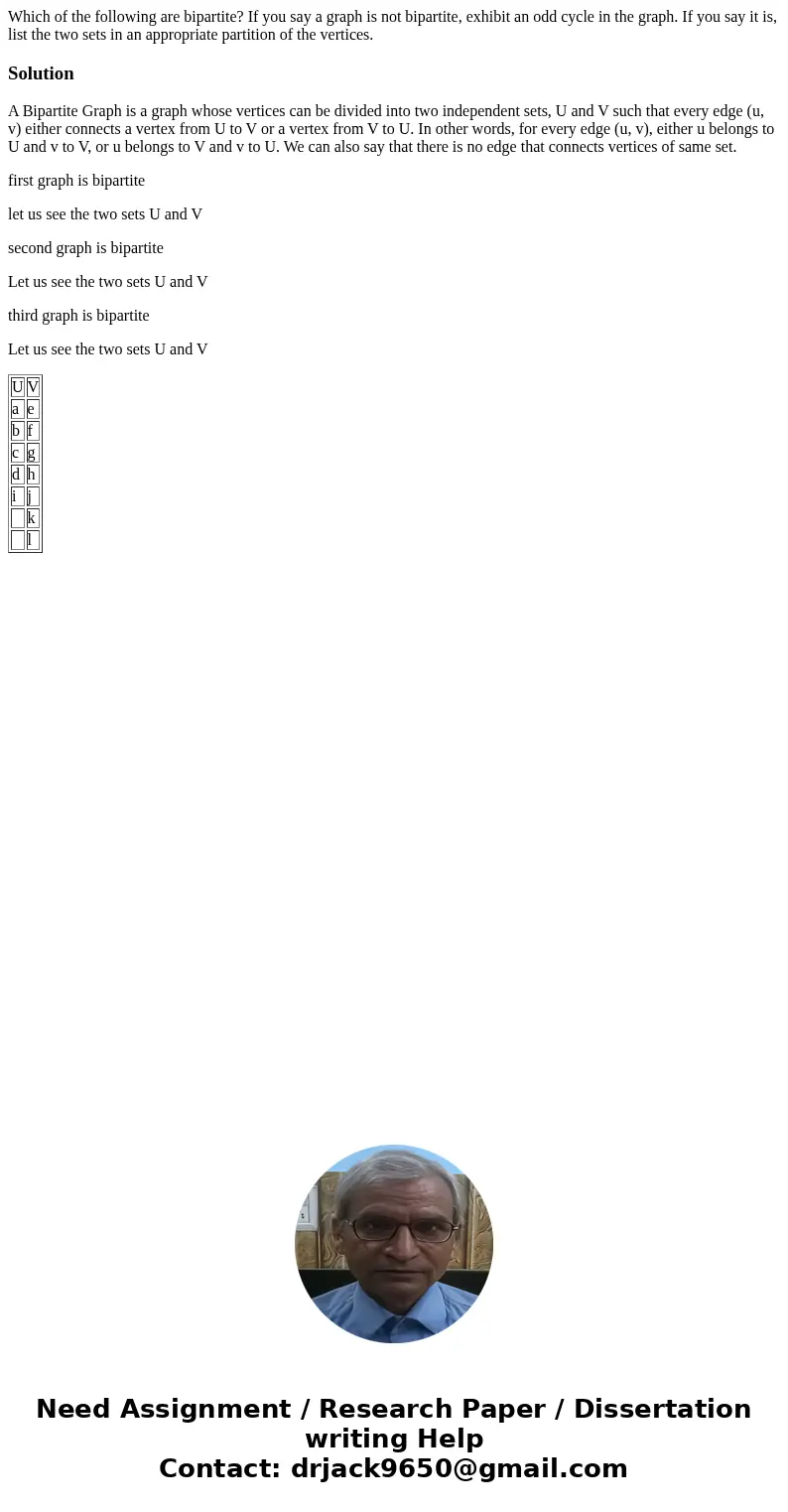 Which of the following are bipartite? If you say a graph is not bipartite, exhibit an odd cycle in the graph. If you say it is, list the two sets in an appropr  Which of the following are bipartite? If you say a graph is not bipartite, exhibit an odd cycle in the graph. If you say it is, list the two sets in an appropr