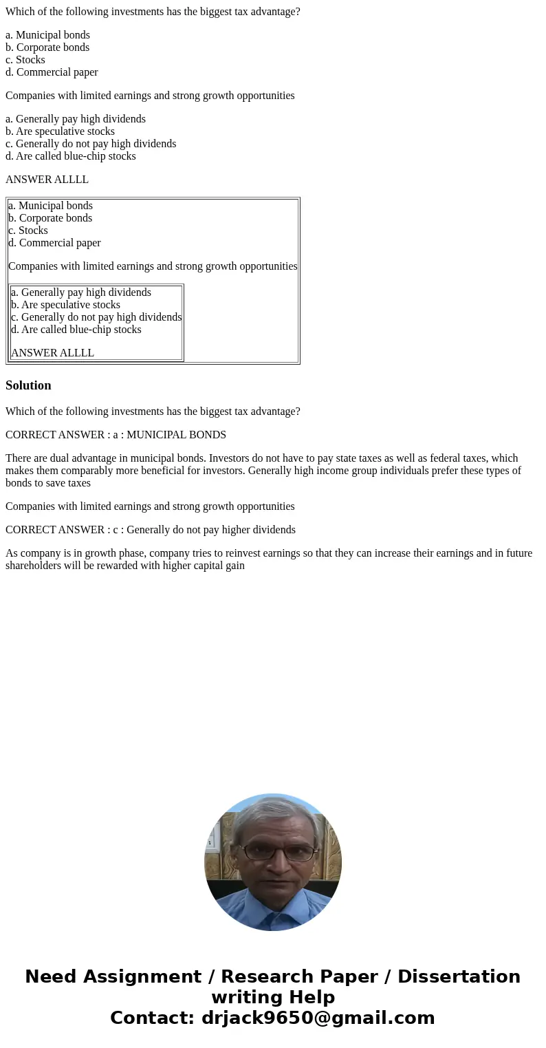 Which of the following investments has the biggest tax advantage? a. Municipal bonds b. Corporate bonds c. Stocks d. Commercial paper Companies with limited ear