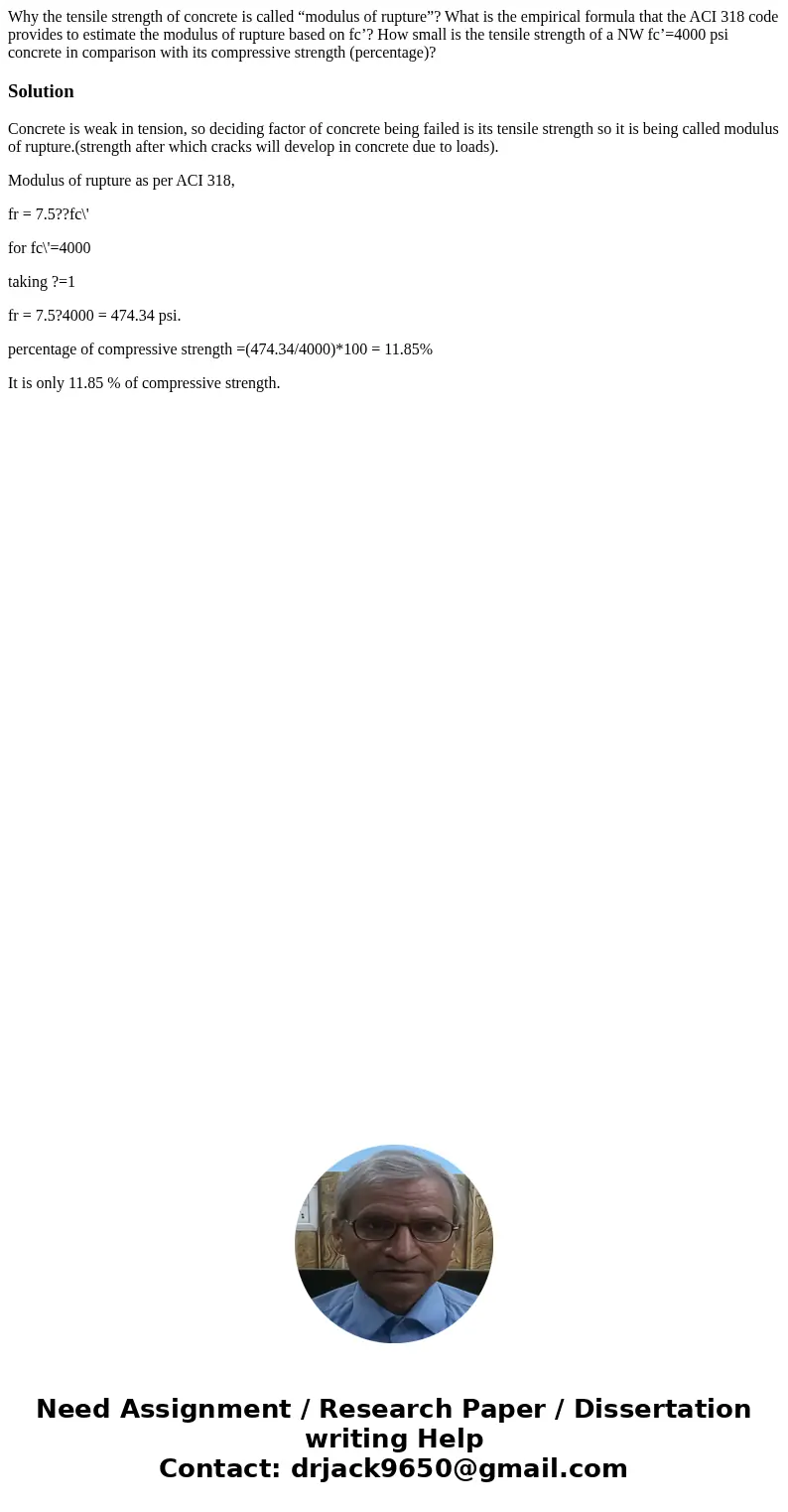Why the tensile strength of concrete is called “modulus of rupture”? What is the empirical formula that the ACI 318 code provides to estimate the modulus of rup Why the tensile strength of concrete is called “modulus of rupture”? What is the empirical formula that the ACI 318 code provides to estimate the modulus of rup