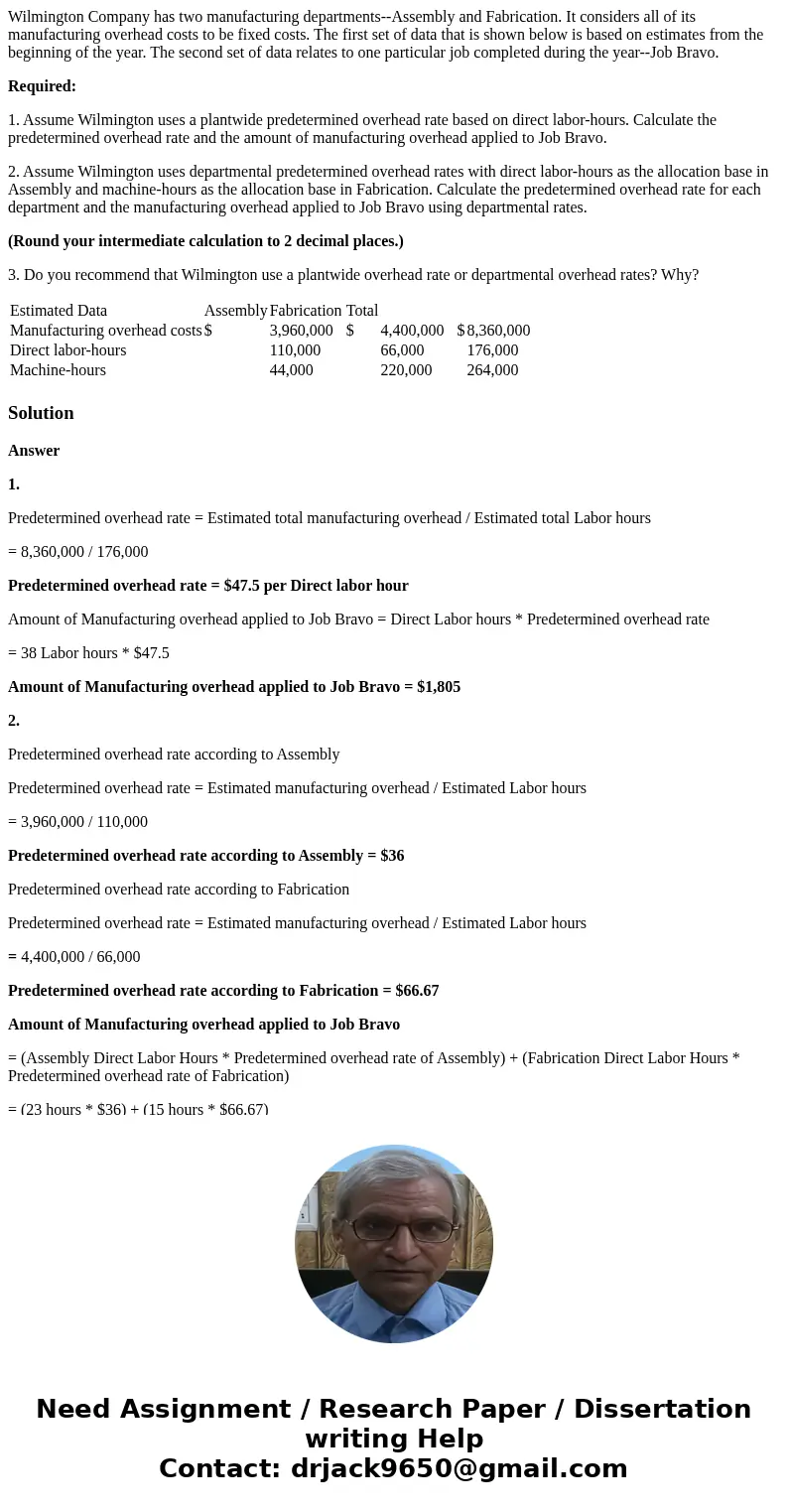 Wilmington Company has two manufacturing departments--Assembly and Fabrication. It considers all of its manufacturing overhead costs to be fixed costs. The firs