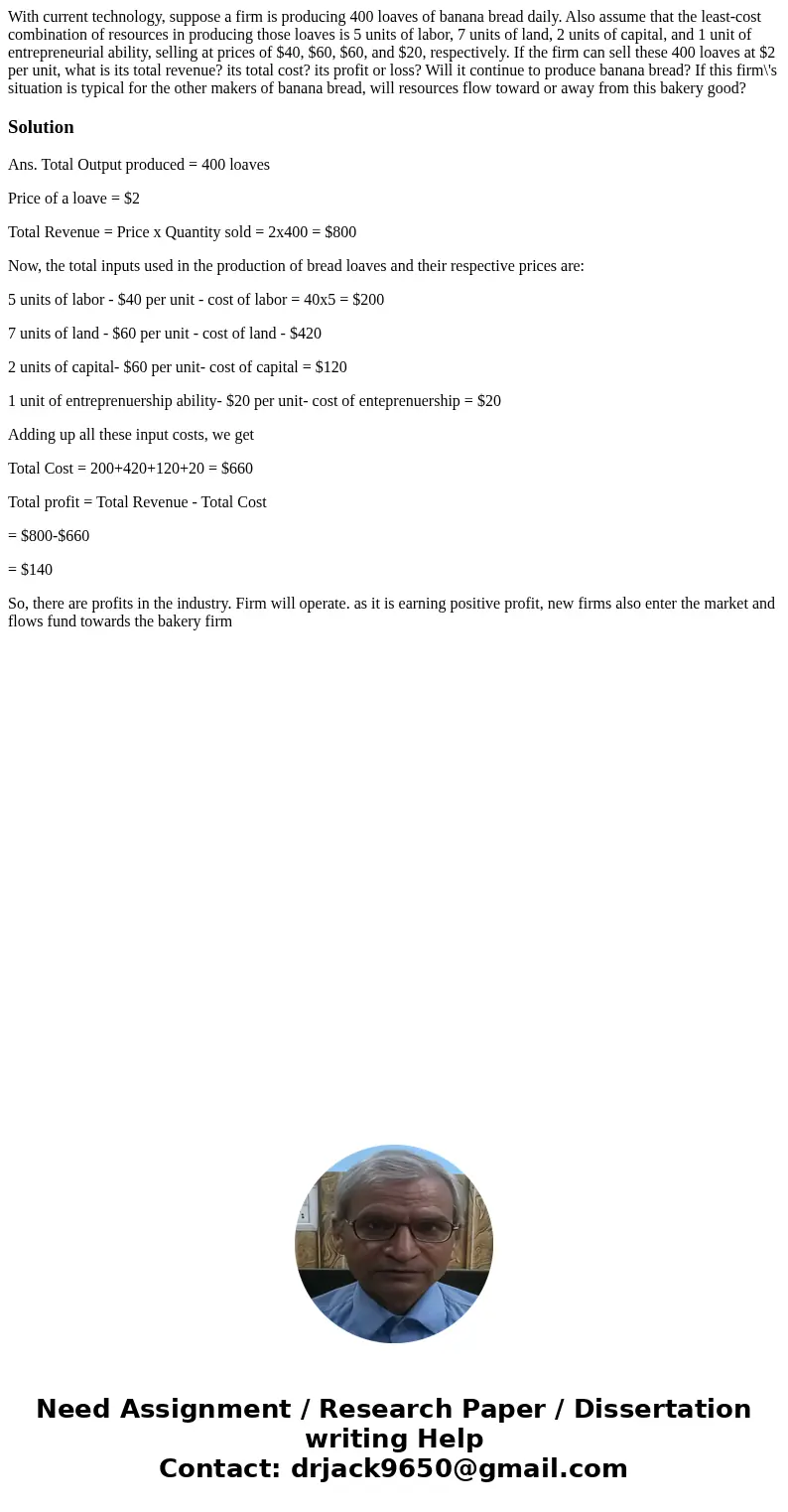 With current technology, suppose a firm is producing 400 loaves of banana bread daily. Also assume that the least-cost combination of resources in producing th  With current technology, suppose a firm is producing 400 loaves of banana bread daily. Also assume that the least-cost combination of resources in producing th