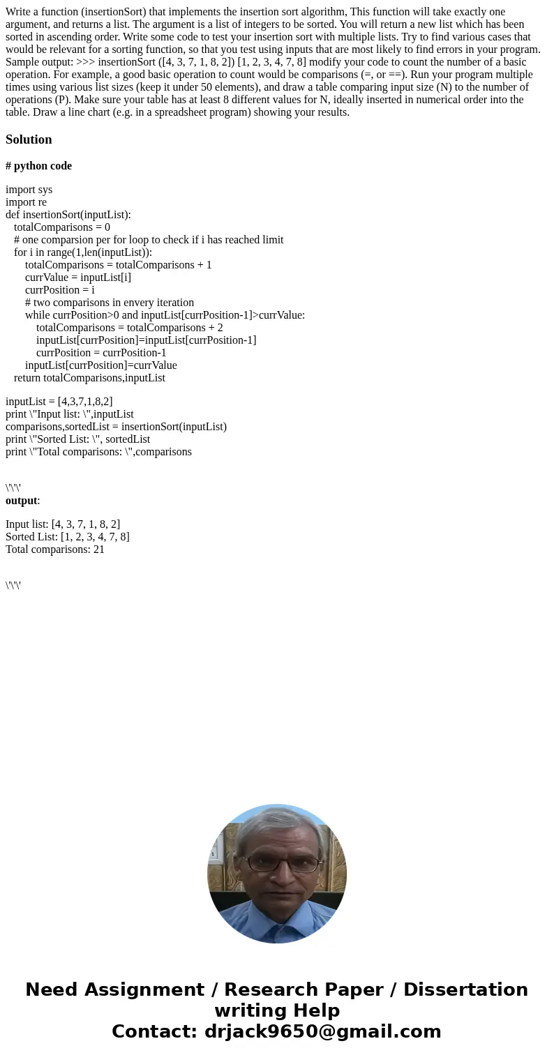 Write a function (insertionSort) that implements the insertion sort algorithm, This function will take exactly one argument, and returns a list. The argument i  Write a function (insertionSort) that implements the insertion sort algorithm, This function will take exactly one argument, and returns a list. The argument i