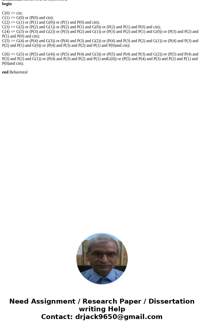 Write a VHDL model for a 6-bit carry-lookahead adder.Solutioncla_adder.vhd library IEEE; use IEEE.STD_LOGIC_1164.ALL; entity cla_adder is port( A,B : in std_log Write a VHDL model for a 6-bit carry-lookahead adder.Solutioncla_adder.vhd library IEEE; use IEEE.STD_LOGIC_1164.ALL; entity cla_adder is port( A,B : in std_log