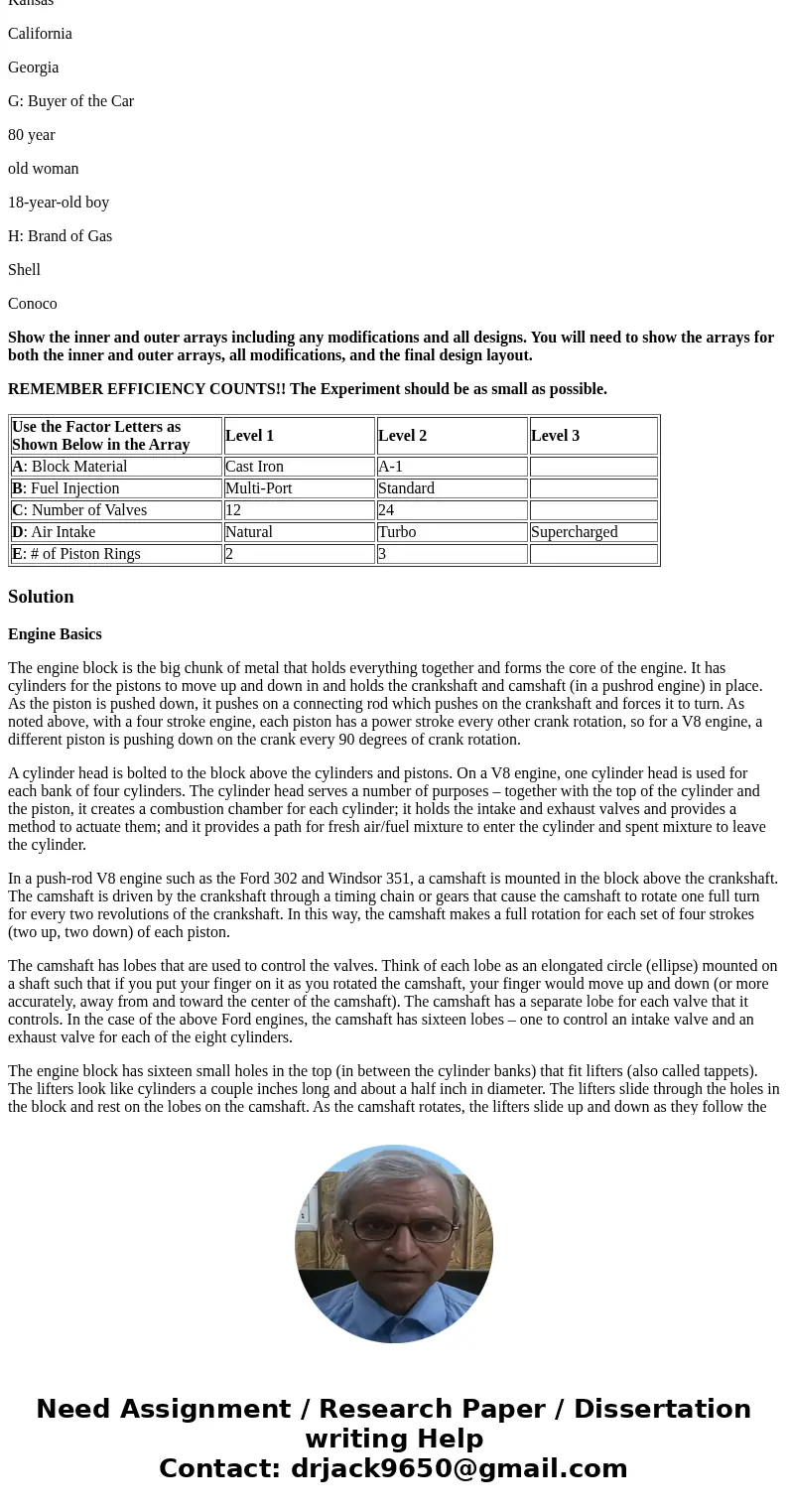 You are to design an Engine (V-8) to be used in a new series of cars. Please label the factors as shown below. The factors that you can control are below Use Fa You are to design an Engine (V-8) to be used in a new series of cars. Please label the factors as shown below. The factors that you can control are below Use Fa