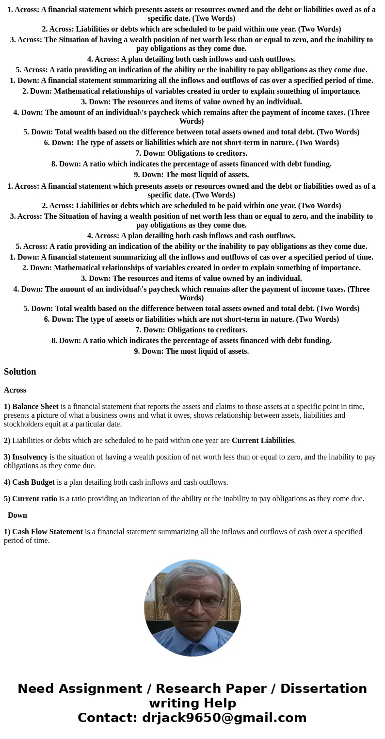 1. Across: A financial statement which presents assets or resources owned and the debt or liabilities owed as of a specific date. (Two Words) 2. Across: Liabil  1. Across: A financial statement which presents assets or resources owned and the debt or liabilities owed as of a specific date. (Two Words) 2. Across: Liabil
