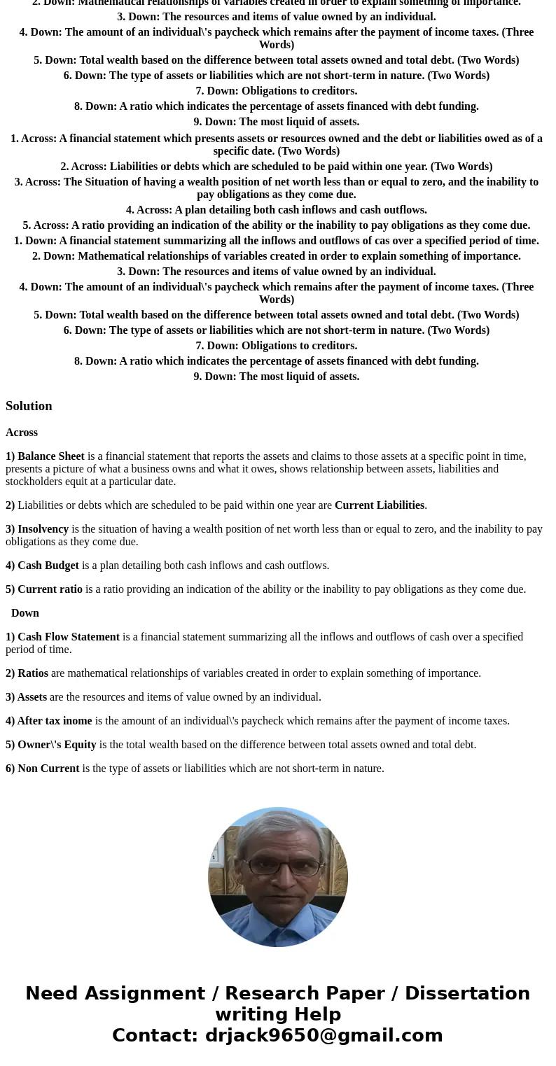 1. Across: A financial statement which presents assets or resources owned and the debt or liabilities owed as of a specific date. (Two Words) 2. Across: Liabil  1. Across: A financial statement which presents assets or resources owned and the debt or liabilities owed as of a specific date. (Two Words) 2. Across: Liabil