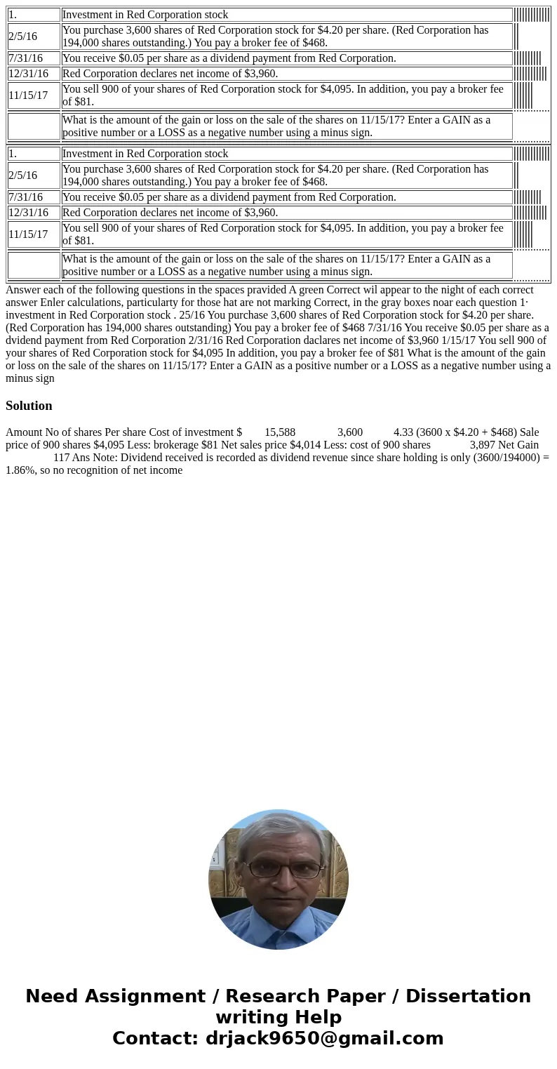 1. Investment in Red Corporation stock 2/5/16 You purchase 3,600 shares of Red Corporation stock for $4.20 per share. (Red Corporation has 194,000 shares outst