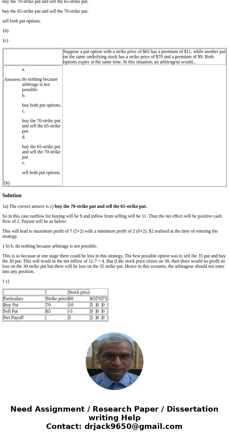 1a) Suppose a put option with a strike price of $65 has a premium of $11, while another put on the same underlying stock has a strike price of $70 and a premium