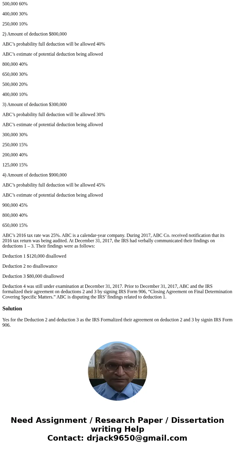 2. Can ABC assert an “effective settlement” for any of the deductions taken on the 2016 tax return at December 31, 2017? Use the information below along with in 2. Can ABC assert an “effective settlement” for any of the deductions taken on the 2016 tax return at December 31, 2017? Use the information below along with in