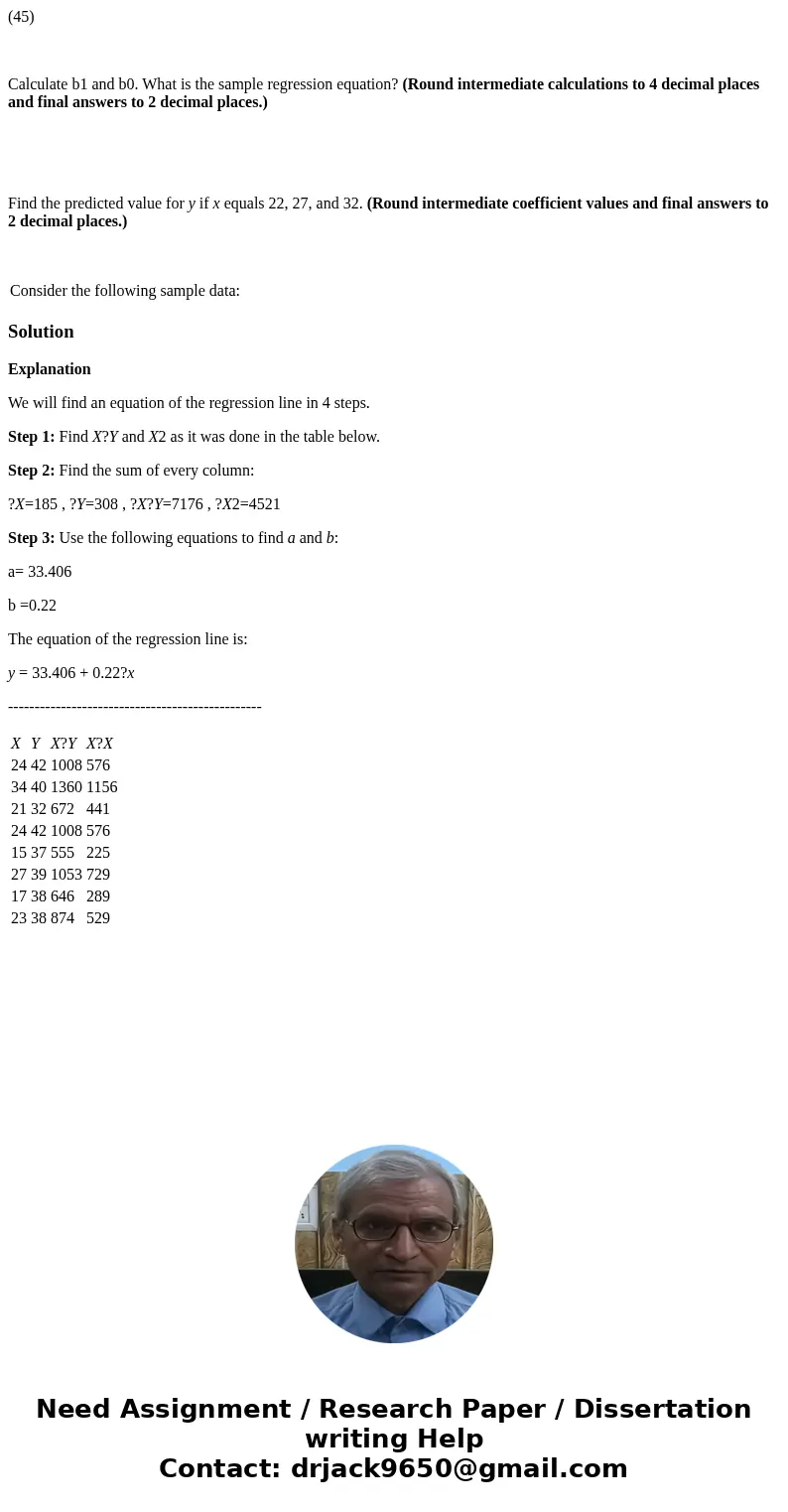 (45) Calculate b1 and b0. What is the sample regression equation? (Round intermediate calculations to 4 decimal places and final answers to 2 decimal places.) F (45) Calculate b1 and b0. What is the sample regression equation? (Round intermediate calculations to 4 decimal places and final answers to 2 decimal places.) F