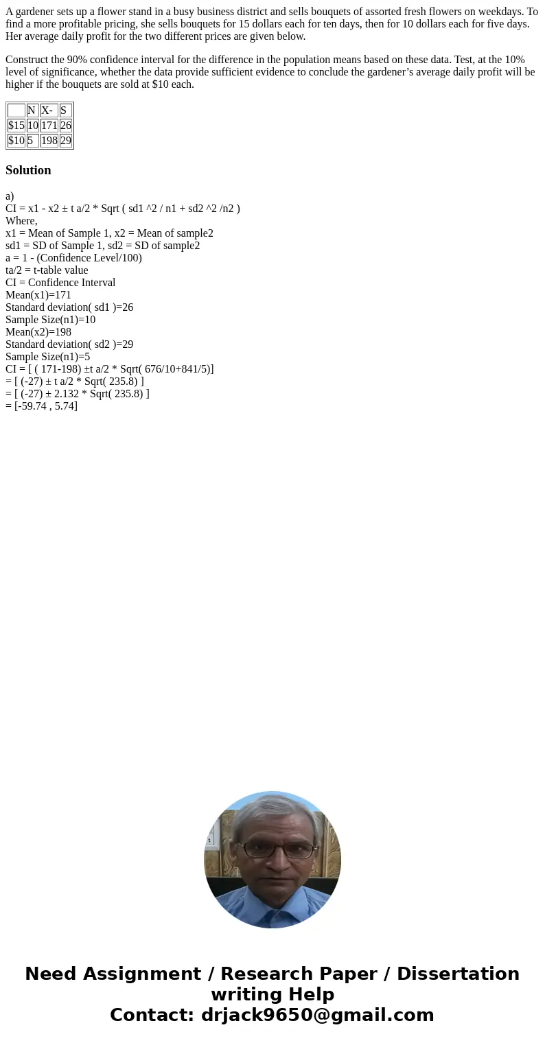 A gardener sets up a flower stand in a busy business district and sells bouquets of assorted fresh flowers on weekdays. To find a more profitable pricing, she s A gardener sets up a flower stand in a busy business district and sells bouquets of assorted fresh flowers on weekdays. To find a more profitable pricing, she s