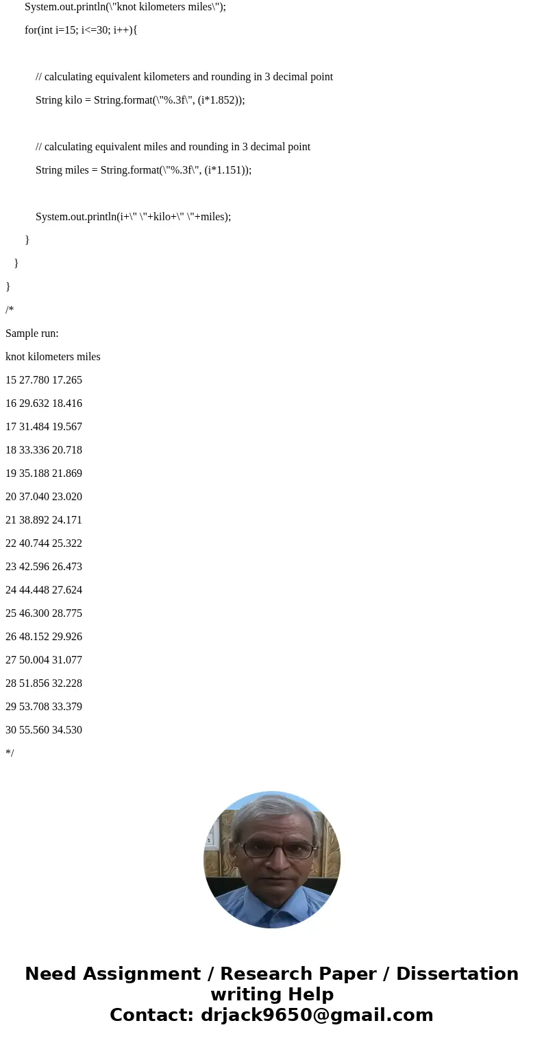 A knot is a unit of speed equal to one nautical mile per hour. Write an application that displays every integer knot value from 15 through 30 and its kilometers A knot is a unit of speed equal to one nautical mile per hour. Write an application that displays every integer knot value from 15 through 30 and its kilometers