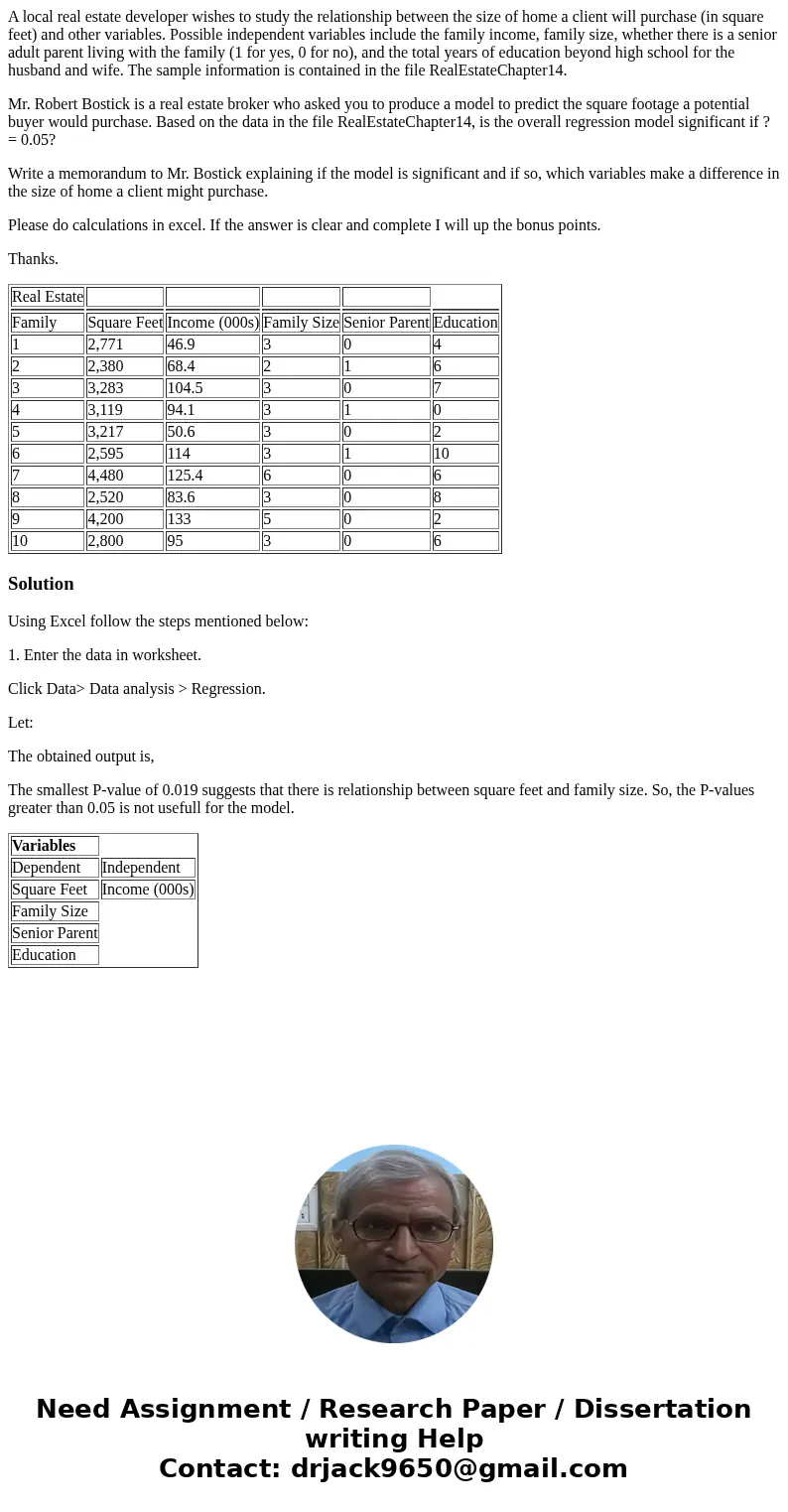 A local real estate developer wishes to study the relationship between the size of home a client will purchase (in square feet) and other variables. Possible in