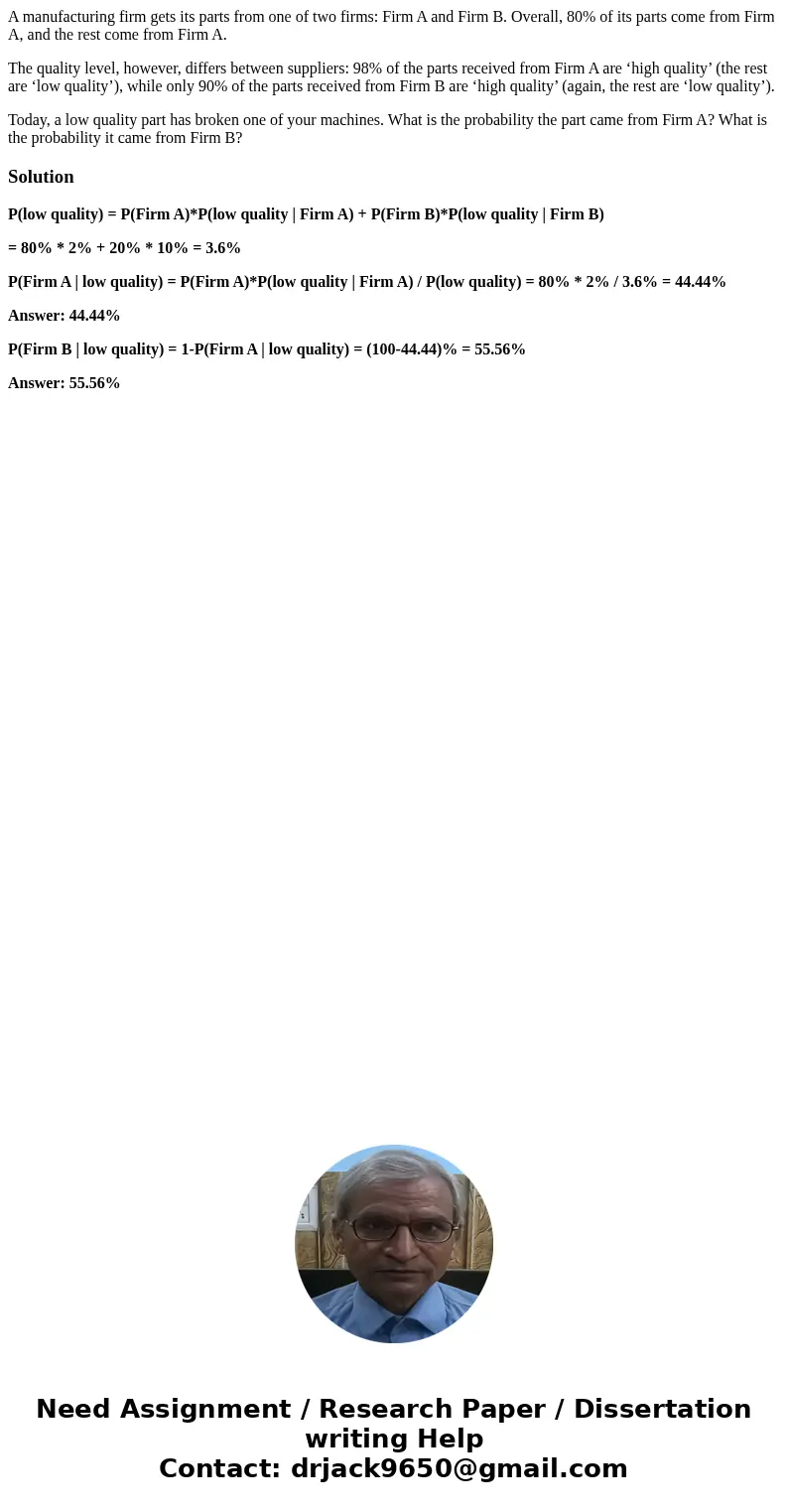A manufacturing firm gets its parts from one of two firms: Firm A and Firm B. Overall, 80% of its parts come from Firm A, and the rest come from Firm A. The qua A manufacturing firm gets its parts from one of two firms: Firm A and Firm B. Overall, 80% of its parts come from Firm A, and the rest come from Firm A. The qua