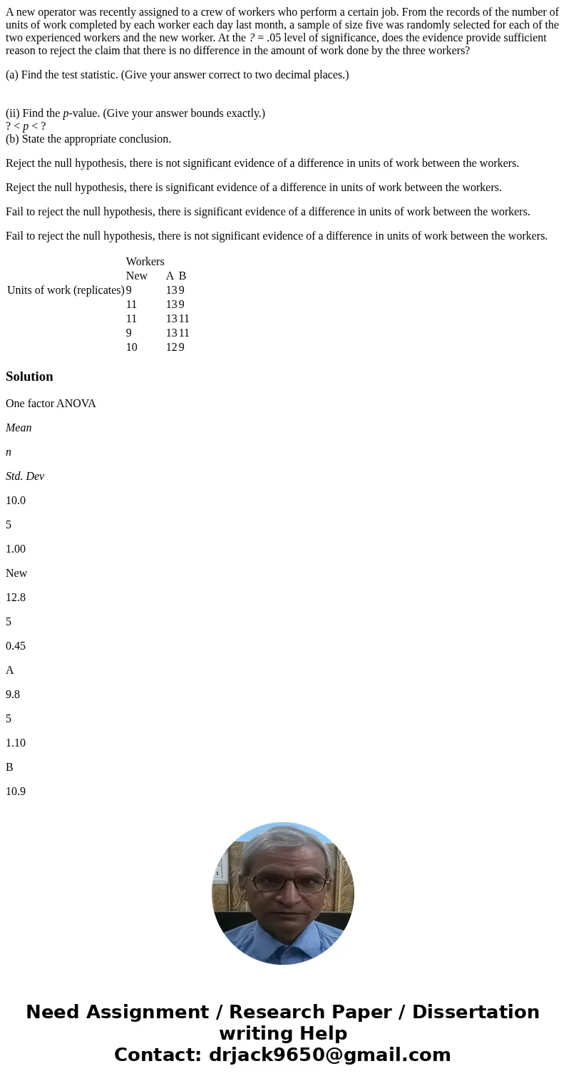 A new operator was recently assigned to a crew of workers who perform a certain job. From the records of the number of units of work completed by each worker ea