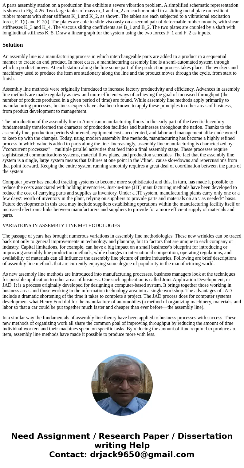 A parts assembly station on a production line exhibits a severe vibration problem. A simplified schematic representation is shown in Fig. 4.26. Two large table  A parts assembly station on a production line exhibits a severe vibration problem. A simplified schematic representation is shown in Fig. 4.26. Two large table