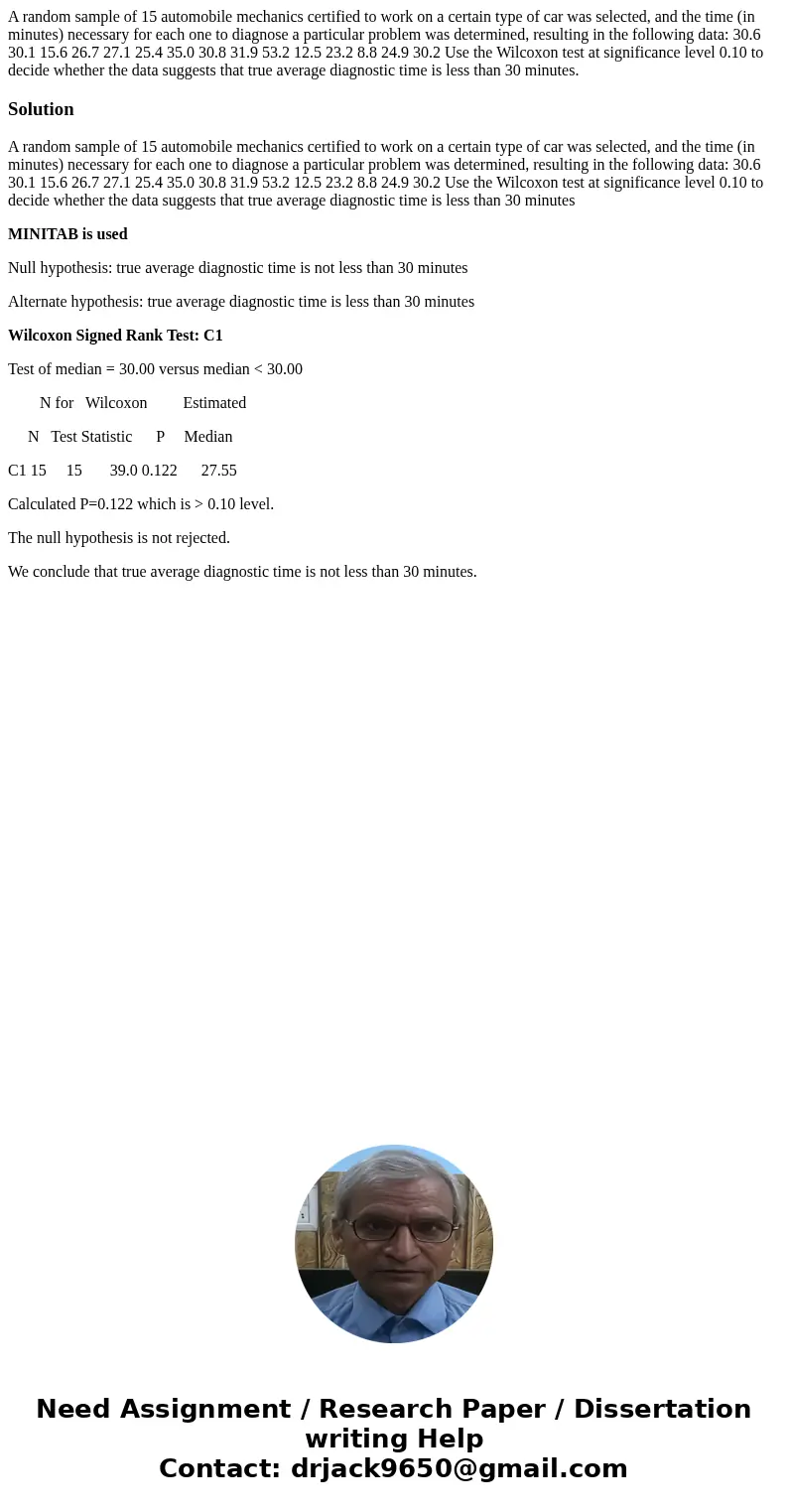 A random sample of 15 automobile mechanics certified to work on a certain type of car was selected, and the time (in minutes) necessary for each one to diagnose A random sample of 15 automobile mechanics certified to work on a certain type of car was selected, and the time (in minutes) necessary for each one to diagnose