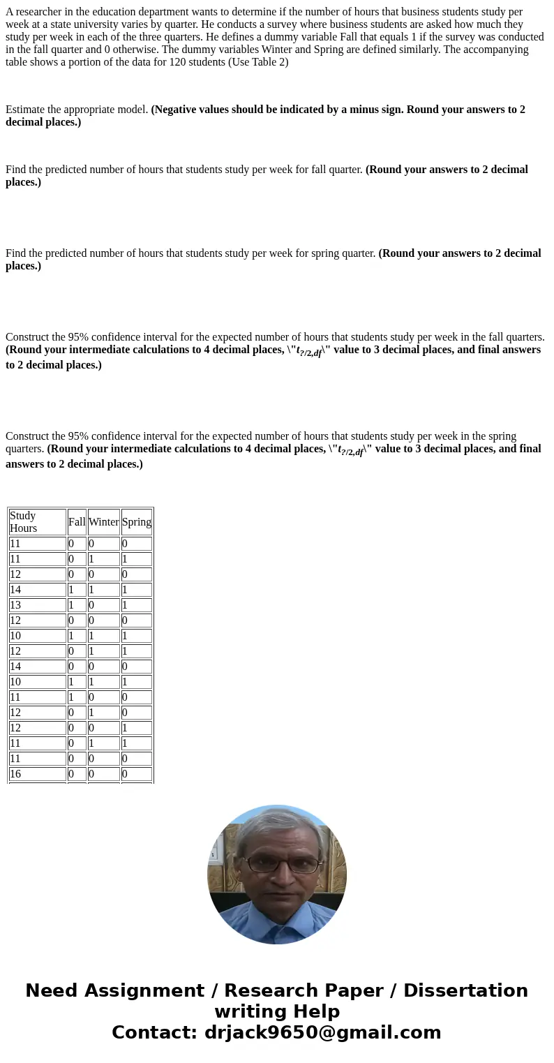 A researcher in the education department wants to determine if the number of hours that business students study per week at a state university varies by quarter