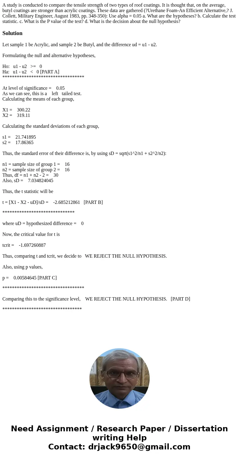 A study is conducted to compare the tensile strength of two types of roof coatings. It is thought that, on the average, butyl coatings are stronger than acryli  A study is conducted to compare the tensile strength of two types of roof coatings. It is thought that, on the average, butyl coatings are stronger than acryli