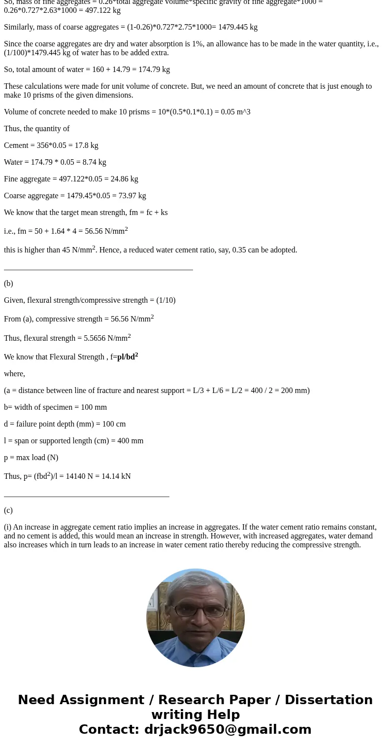 (a)A trial concrete mix design is to have a w/c ratio of 0.45 and 160 kg/m3 of free water to achieve a characteristic strength of 45 N/mm2. The amount of concre (a)A trial concrete mix design is to have a w/c ratio of 0.45 and 160 kg/m3 of free water to achieve a characteristic strength of 45 N/mm2. The amount of concre