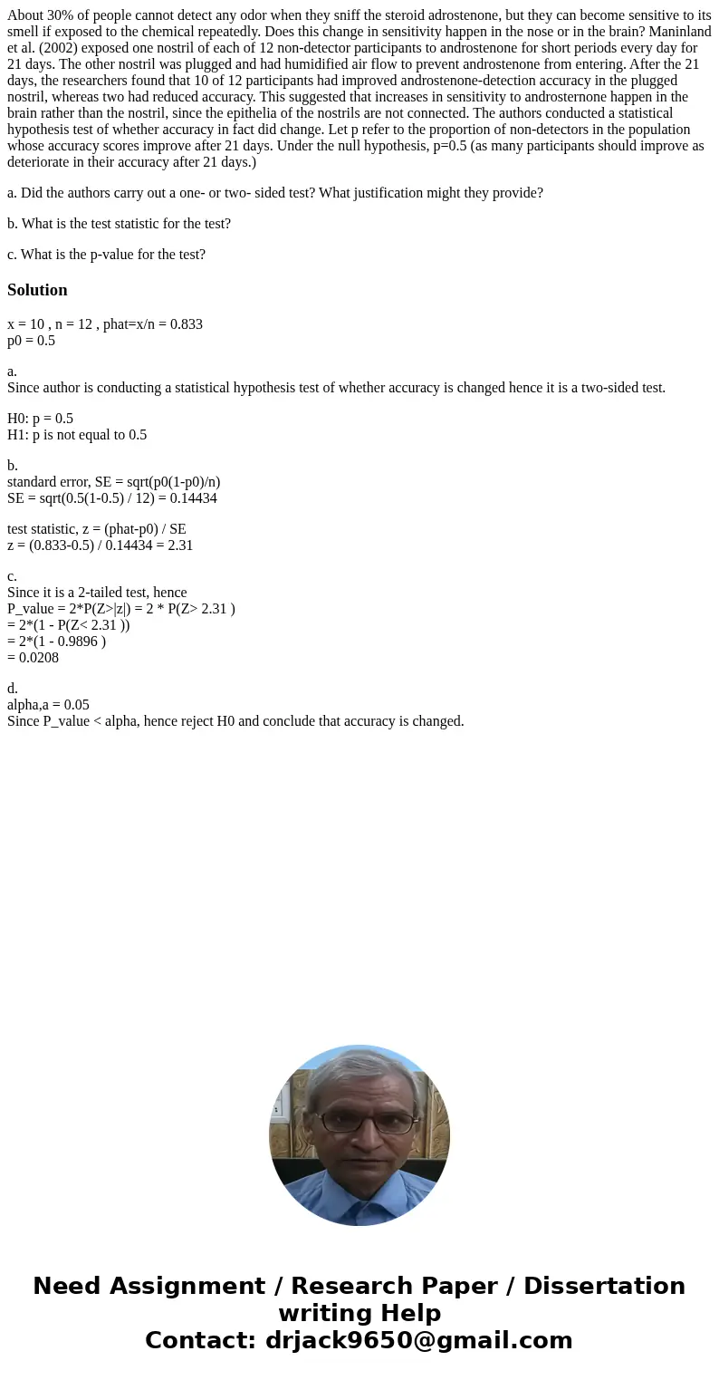 About 30% of people cannot detect any odor when they sniff the steroid adrostenone, but they can become sensitive to its smell if exposed to the chemical repeat About 30% of people cannot detect any odor when they sniff the steroid adrostenone, but they can become sensitive to its smell if exposed to the chemical repeat