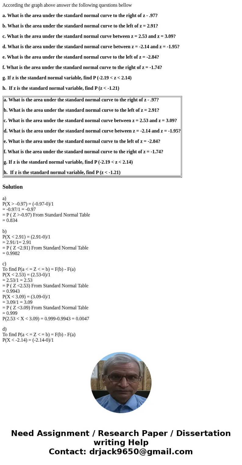 According the graph above answer the following questions bellow a. What is the area under the standard normal curve to the right of z - .97? b. What is the area According the graph above answer the following questions bellow a. What is the area under the standard normal curve to the right of z - .97? b. What is the area