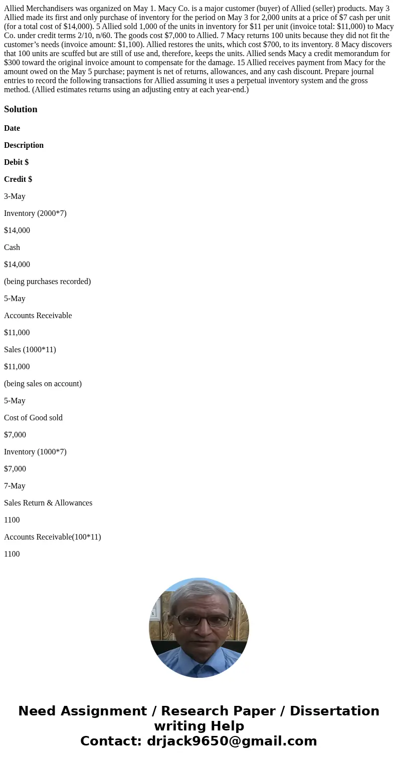 Allied Merchandisers was organized on May 1. Macy Co. is a major customer (buyer) of Allied (seller) products. May 3 Allied made its first and only purchase of 