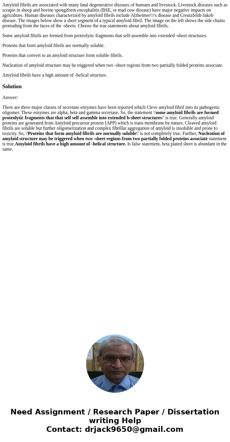 Amyloid fibrils are associated with many fatal degenerative diseases of humans and livestock. Livestock diseases such as scrapie in sheep and bovine spongiform  Amyloid fibrils are associated with many fatal degenerative diseases of humans and livestock. Livestock diseases such as scrapie in sheep and bovine spongiform