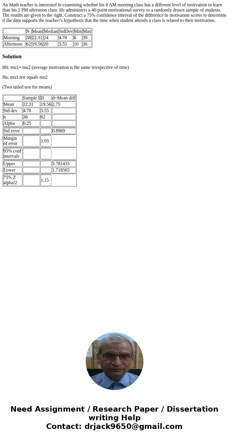 An Math teacher is interested in examining whether his 8 AM morning class has a different level of motivation to learn than his 2 PM afternoon class. He adminis