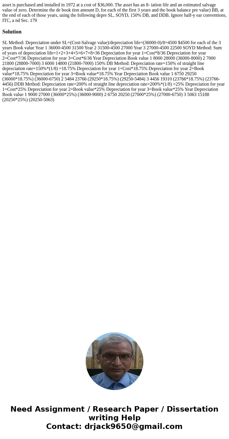 asset is purchased and installed in 1972 at a cost of $36,000. The asset has an 8- iation life and an estimated salvage value of zero. Determine the de book ti  asset is purchased and installed in 1972 at a cost of $36,000. The asset has an 8- iation life and an estimated salvage value of zero. Determine the de book ti