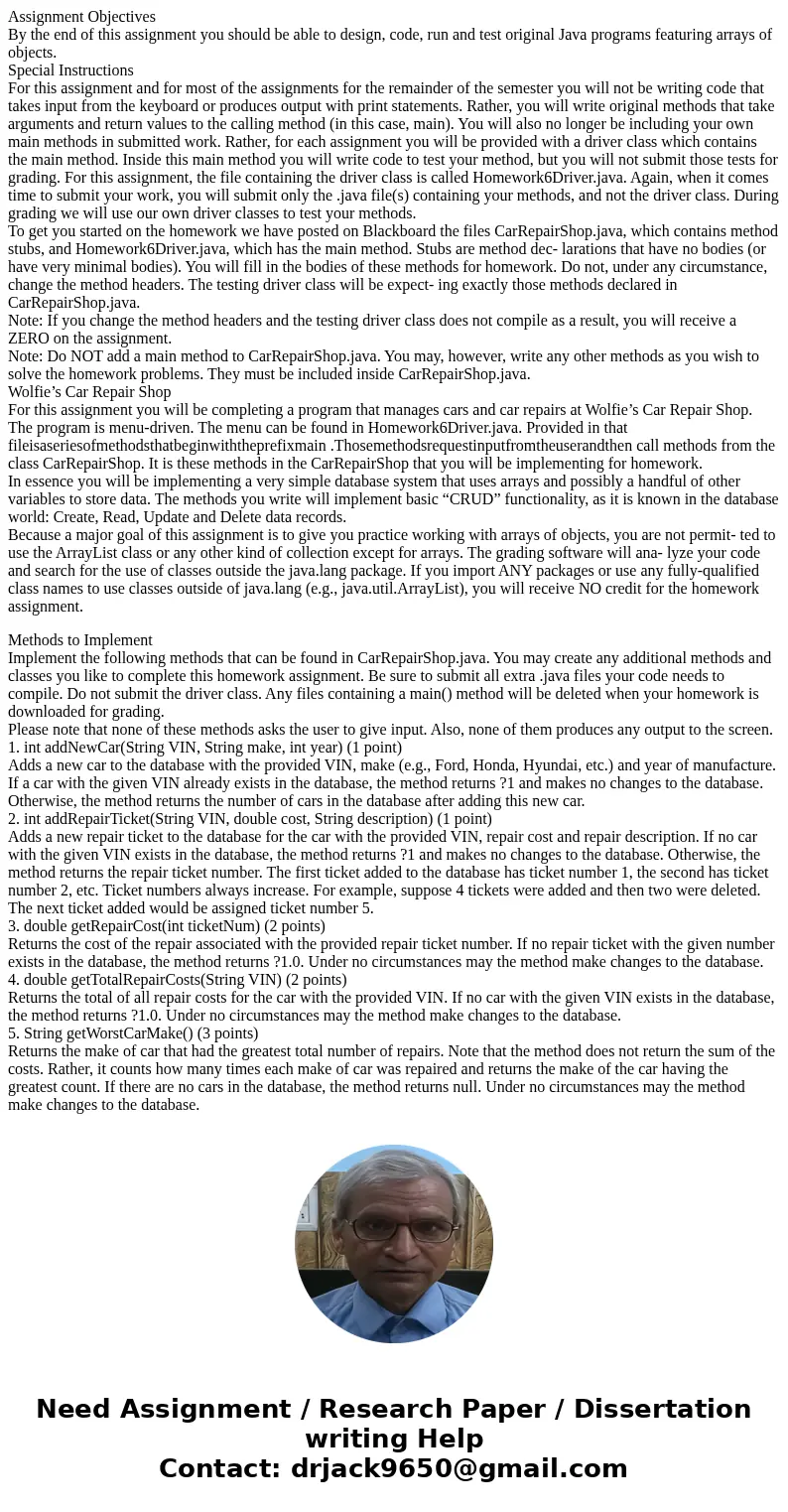 Assignment Objectives By the end of this assignment you should be able to design, code, run and test original Java programs featuring arrays of objects. Special Assignment Objectives By the end of this assignment you should be able to design, code, run and test original Java programs featuring arrays of objects. Special